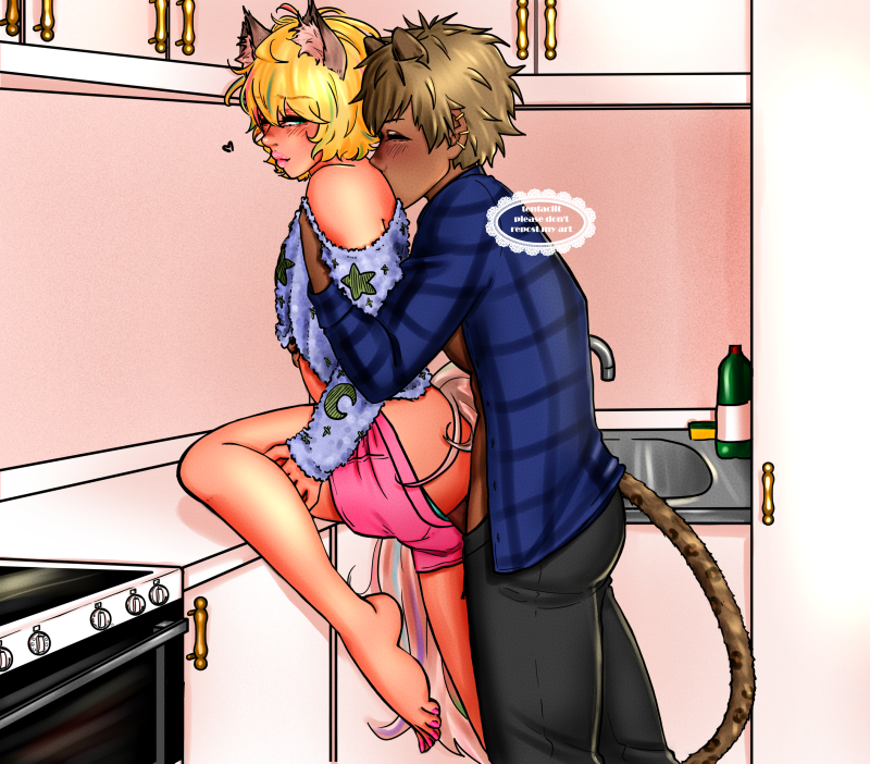 Rom and Shuzo, dressed but with Shuzo's shorts pushed down so Rom can fuck him from behind. Shuzo has one leg pulled up on the kitchen counter, Rom's arms are around Shuzo, up by his chest. The lower half of his face is pressed against Shuzo's shoulder. Rom is wearing an unbuttoned blue flannel shirt and black sweats, Shuzo is wearing a light blue shirt with light green embroidery of stars and a moon as well as pink shorts.